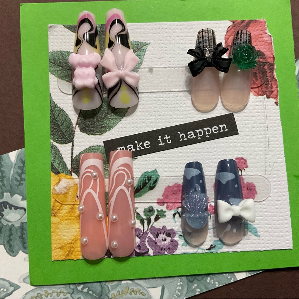 Stylish Nail Art Set with Bows and Pearls - Statement Nails -#196